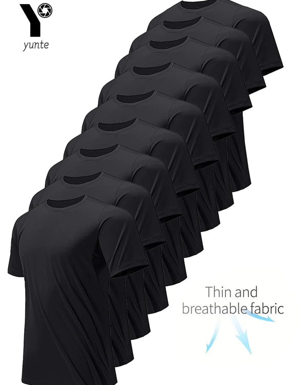 Round Neck T-Shirt 9Pcs Black Ultralight Men Quick Dry Breathable Sweat Shirt for Fitness Gym Running Light Plaid Quick Dry Shor