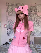 Cartoon Gloomying Bear Hoodie Printed Punk Gothic Blood Violent Bear Hoodied T-shirt Zipper Short Sleeves Tops Streetwear
