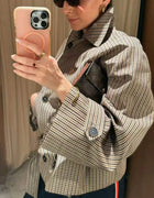 Women Plaid Short Trench Coat Lapel Double Breasted Belted Waist Long Sleeve Cropped Windbreaker Casual Outerwear Jacket