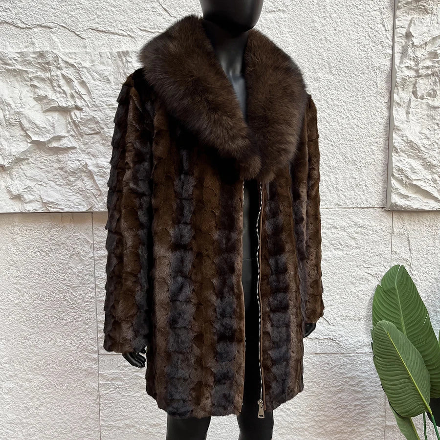 Cropped Mink Fur Coat With Fox Fur Collar Mid-length Natural Fur Coat Real Mink Fur Zippered Jacket Luxury Men's Winter Jacket