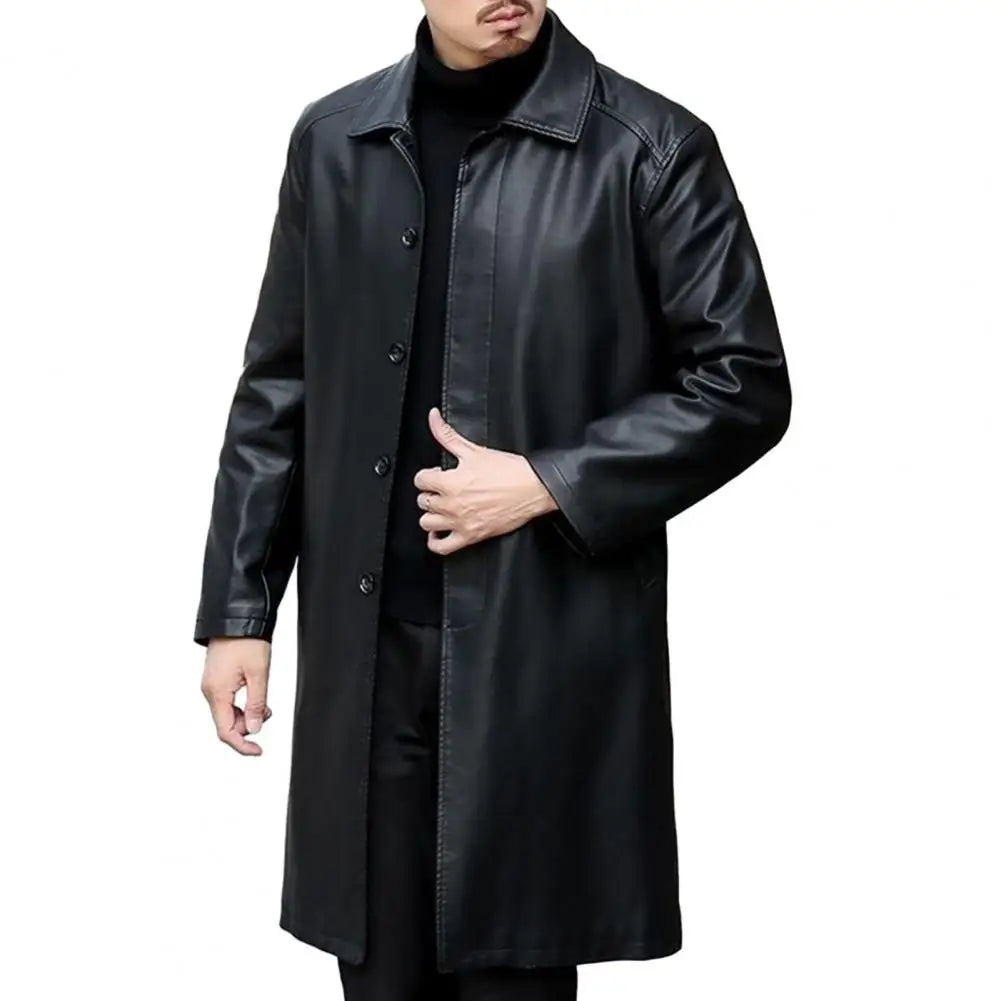 Fleece Lining Jacket Coat Stylish Men's Fleece-lined Leather Jacket Lapel Windbreaker with Pockets Single for Autumn/winter