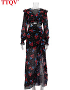TTQV Fashion Loose Print Women's Two Pieces Set 2025 Sexy Long Sleeve Crop Top With High Waist Slit Long Skirt Set Female