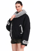 Women's Winter Padded Coat Black Faux Mink Fur Collar Asymmetrical Wrap-Front Thick Warm Waist-Slimming Puffer Jacket Women