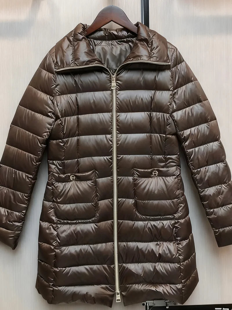 Down jacket women's winter 2025 new comfortable casual goose down warm medium long plaid jacket