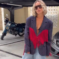 Elegant Contrast Plaid Tassel Splice Coat Women Vintage Lapel Collar Full Sleeve V-neck Suit Blazer Festival Street Party Outfit
