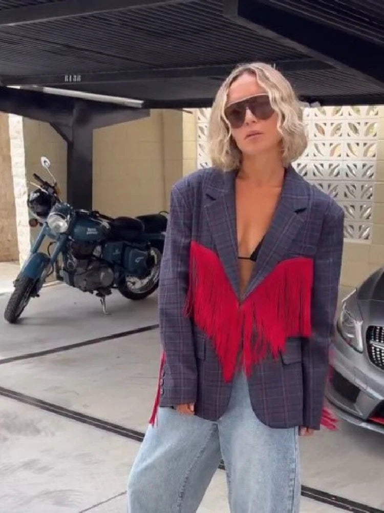 Elegant Contrast Plaid Tassel Splice Coat Women Vintage Lapel Collar Full Sleeve V-neck Suit Blazer Festival Street Party Outfit