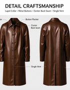 Men Vintage Long PU Faux Leather Trench Coat Lapel Single Breasted Windproof Overcoat Business Casual Long Sleeve Leather Jacket