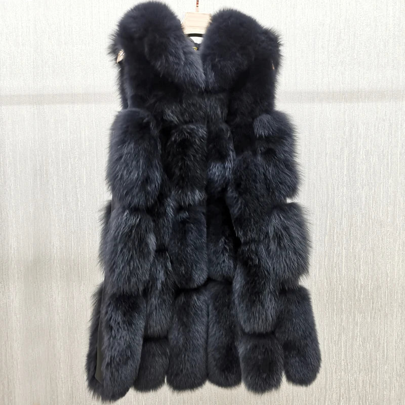 High Quality Luxury Women Real Fur Coat Winter Jacket Long Natural Fox Fur Vest Real Sheepskin Leather Hood Thick Warm Overcoat