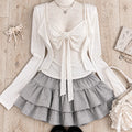 Japanese Sweet Preppy Women Two Piece Set Kawaii Lace Bow Tops Mini Skirt Korean American Retro Subculture Cute Fashion Outfits