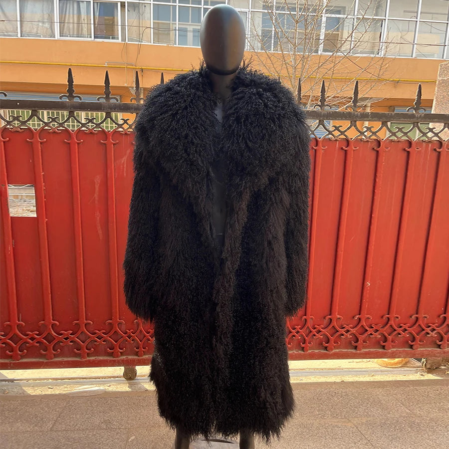 Real Mongolian Fur Coat With English Collar Genuine Leather Jackets Black Natural Lamb Fur Jacket Fashion Men's Long Fur Jacket