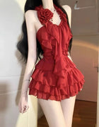 Sexy Ruffled Halter 2 Piece Set Women Slim Fit Tops + Mini Skirt Chic Outfit Fashion Evening Party Clothing Fashion New Arrival