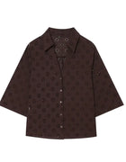 Nlzgmsj 2026 Summer Elegant Brown Embroidered Set V Neck Collared Blouse & High Waist Pants & A Line Skirt Casual Suit for Women