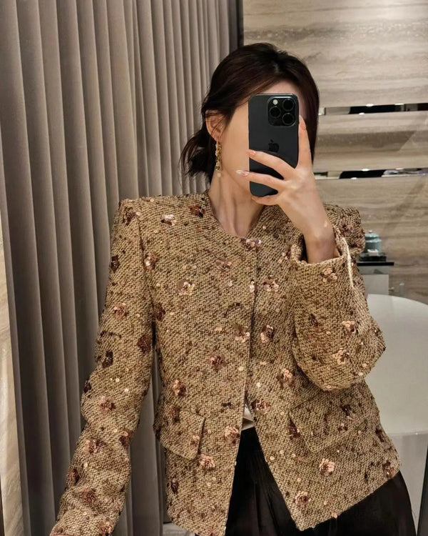 Women French Style Sequined Fragrant Short Jacket Temperament Light New Tweed Fashion Versatile Spring Autumn Jacket Top