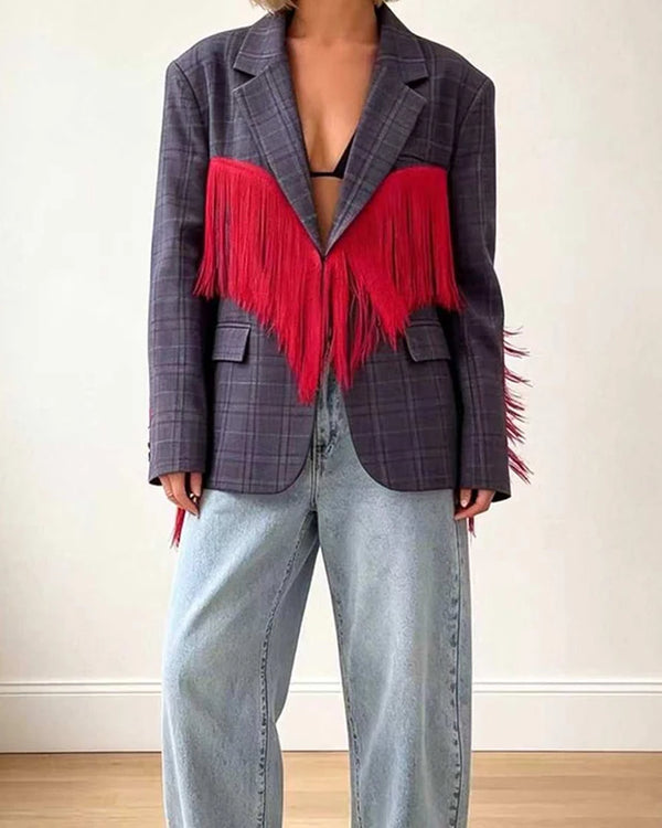 Red Tassel Design Patchwork Loose Blazer Coat Autumn Winter Lapel Long Sleeved Office Jackets Fashion Street Women's Outerwear