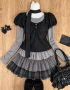 Japanese Sweet Preppy Women Two Piece Set Kawaii Lace Bow Tops Mini Skirt Korean American Retro Subculture Cute Fashion Outfits
