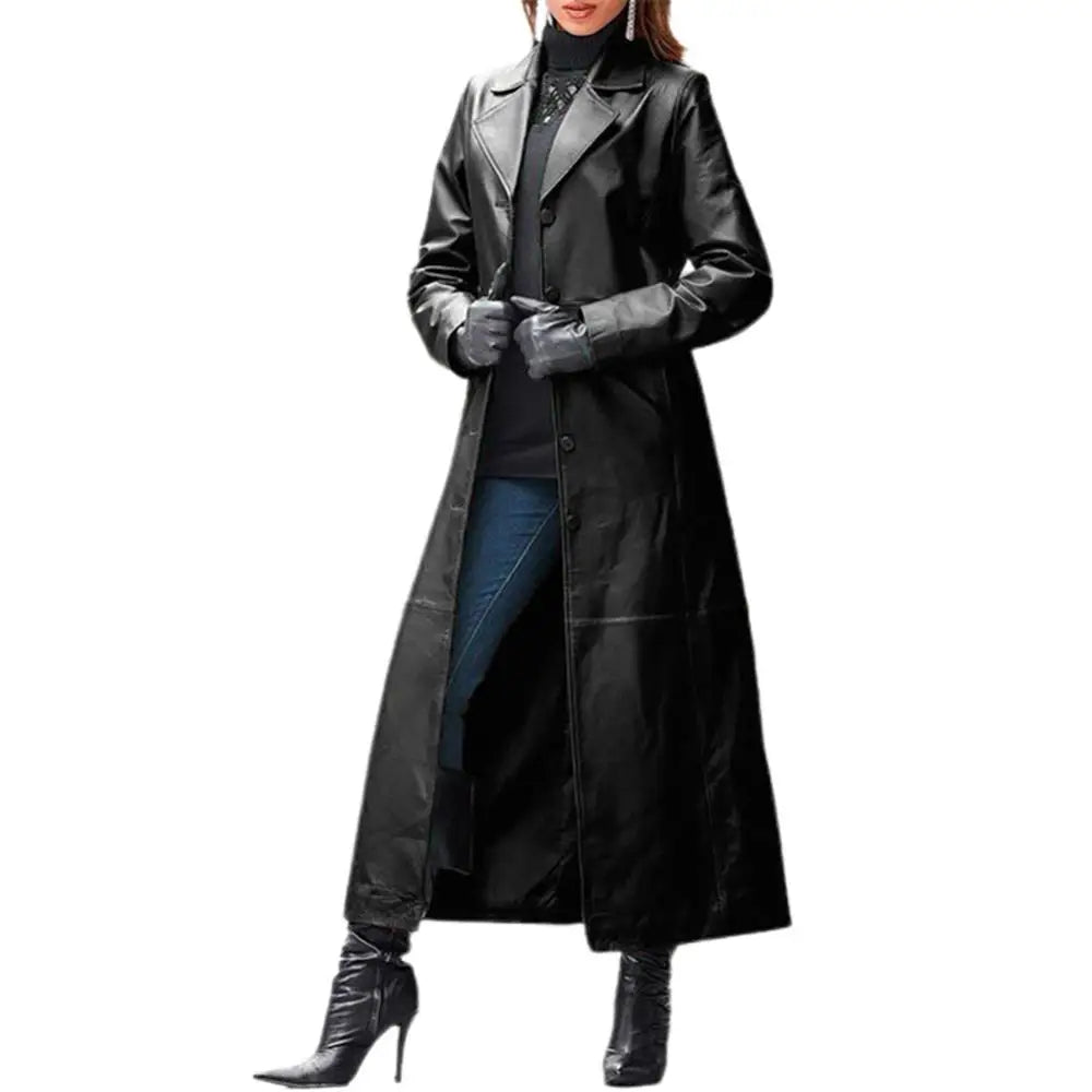 2020 Women Autumn Winter Solid Color Faux Leather Long Slim Wind Coat Windbreaker Women's Clothing женская куртка femme veste