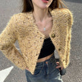 French Style Yellow Sequins Tweed Jacket for Women Elegant Round Neck Crop Coat Autumn Woman Autumn Chic Long Sleeve Outerwear