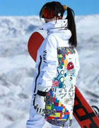 Women's Waterproof Windproof Ski Suit Set White Clothes Winter Sports Unisex Print Snow Jacket Adjustable Shoulder Strap Pants