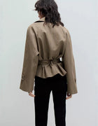Women Plaid Short Trench Coat Lapel Double Breasted Belted Waist Long Sleeve Cropped Windbreaker Casual Outerwear Jacket