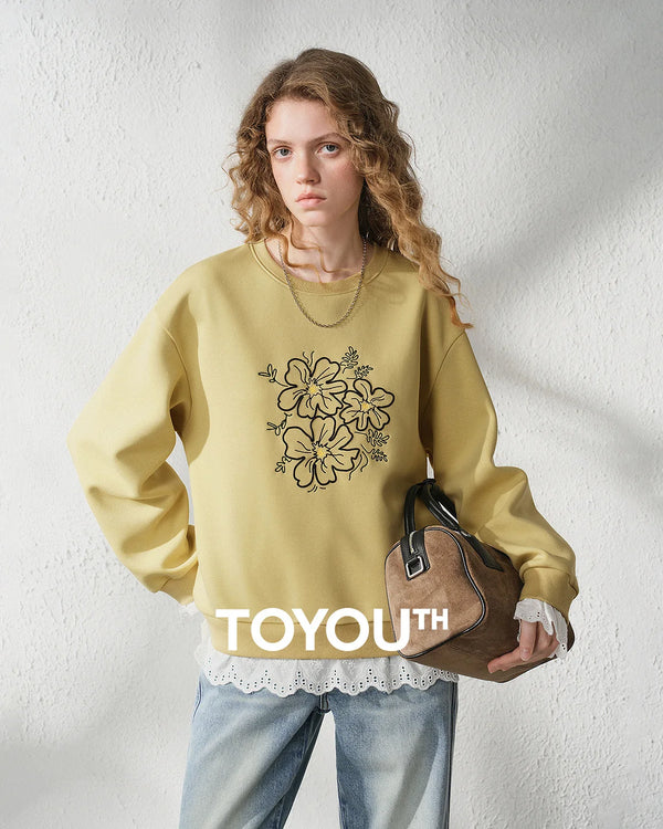 TOYOUTH Women's Floral Embroidered Lace Splicing Fake Two Piece Sweatshirt 2026 Autumn New Round Neck Loose Fit