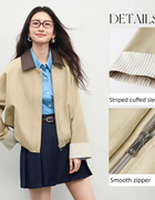 SENTUBILA Women's Cropped Barn Jacket Color Block PU Collar and Striped Cuffs Lightweight Windbreaker for Spring Fall 161WB5721