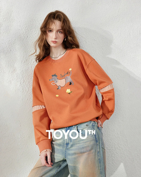 TOYOUTH Women's Sweatshirt 2026 Autumn New Loose Deconstructed Faux Two-Piece Plaid Dachshund Print Vintage Pullover Top