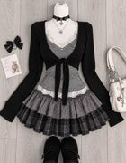 Japanese Sweet Preppy Style 2 Piece Set Women Kawaii Lace Patchwork Bow Tops + Y2k Plaid Mini Skirt Elegant Fashion Outifits New