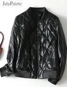 Julypalette 90% White Duck Down Real Sheepskin Jackets Black Casual Women Winter Zipper Lambskin Leather Warm Coats Size M-5XL