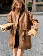 Women's Thick Warm Reversible Suede Jacket Solid Color Motorcycle Outer Coat Loose Fit Winter Autumn Female Overcoat