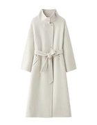 HanOrange 2026 Winter Simple Fashion Stand Collar Double Woolen Wool Coat Women with Belt Warm Coat Apricot/Floral Gray