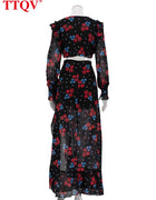 TTQV Fashion Loose Print Women's Two Pieces Set 2025 Sexy Long Sleeve Crop Top With High Waist Slit Long Skirt Set Female