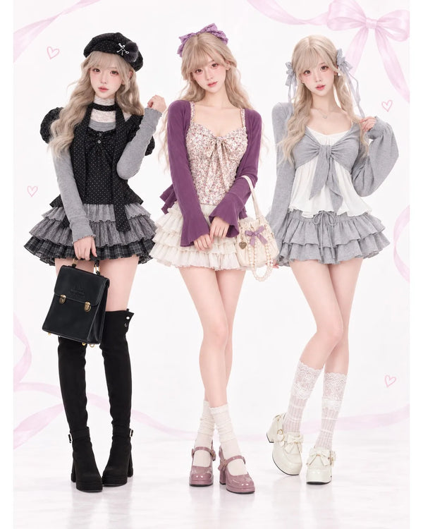 Korean Casual Matching 2 Piece Skirt Suit for Women Japanese Kawaii Y2K Crop Top Blouse Mini Skirt American Retro Street Outfits