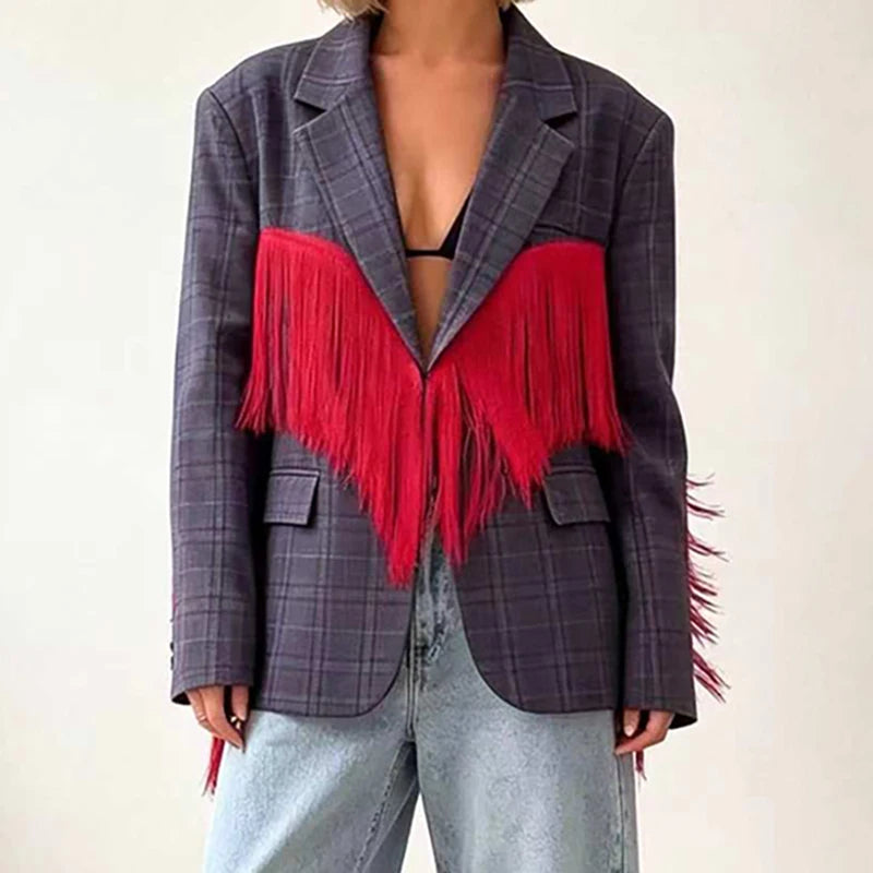 Red Tassel Design Patchwork Loose Blazer Coat Autumn Winter Lapel Long Sleeved Office Jackets Fashion Street Women's Outerwear