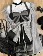 Sweet Lolita Early Autumn Three Piece Set Lace up Ruffles Cardigan Sexy Slim Fit Strapless Vest Tops High Waist Ruched Skirts
