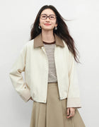 SENTUBILA Women's Cropped Barn Jacket Color Block PU Collar and Striped Cuffs Lightweight Windbreaker for Spring Fall 161WB5721