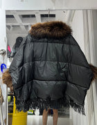Winter Natural Large Fur Collar Tassel Down Jacket Female Cloak Shawl Warm Quilted Jacket Women White Duck Down Fur Outwears