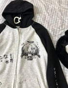 Japanese Contrast Color Hooded Tops Women Y2k Aesthetic Cartoon Print Grunge Hoodie Casual Zip Up Sweatshirt Harajuku Streetwear