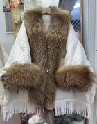 Winter Natural Large Fur Collar Tassel Down Jacket Female Cloak Shawl Warm Quilted Jacket Women White Duck Down Fur Outwears