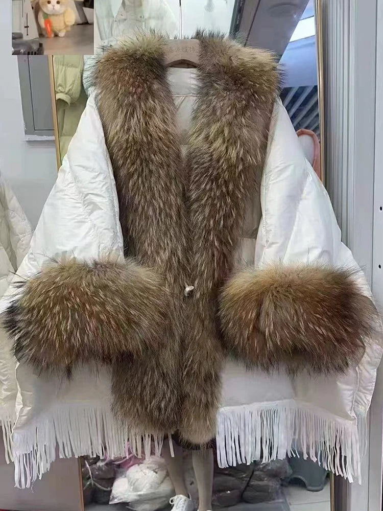 Winter Natural Large Fur Collar Tassel Down Jacket Female Cloak Shawl Warm Quilted Jacket Women White Duck Down Fur Outwears