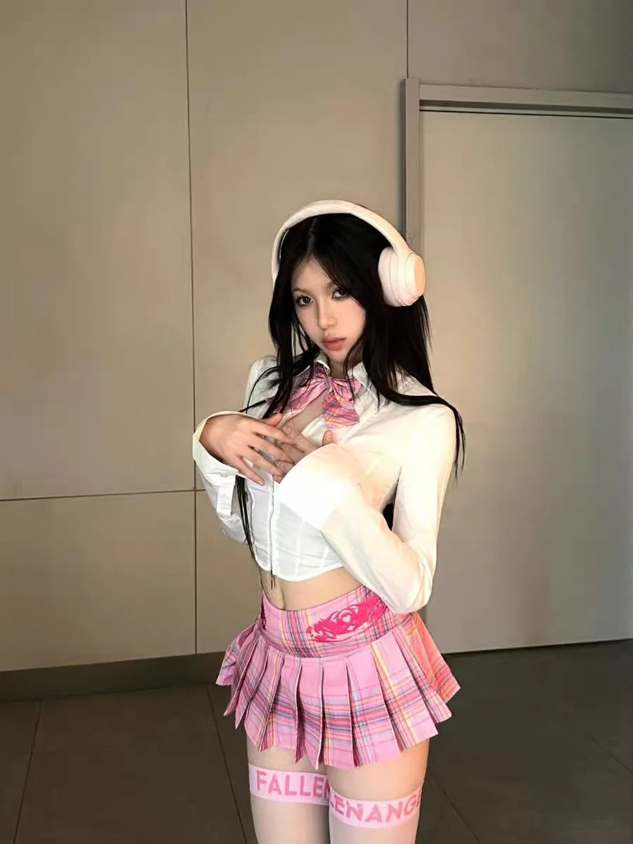 College Style Jk Uniform Sweet Spicy Versatile Shirt Top Summer New High Waist Slimming Pleated Short Skirt Two Piece Set Women
