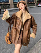 Women's Thick Warm Reversible Suede Jacket Solid Color Motorcycle Outer Coat Loose Fit Winter Autumn Female Overcoat