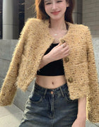 French Style Yellow Sequins Tweed Jacket for Women Elegant Round Neck Crop Coat Autumn Woman Autumn Chic Long Sleeve Outerwear