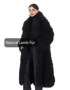 Women's Lambskin Coats Real Lamb Fur Coat Black Mongolian Fur Warm Winter Real Sheep Fur Long Coat