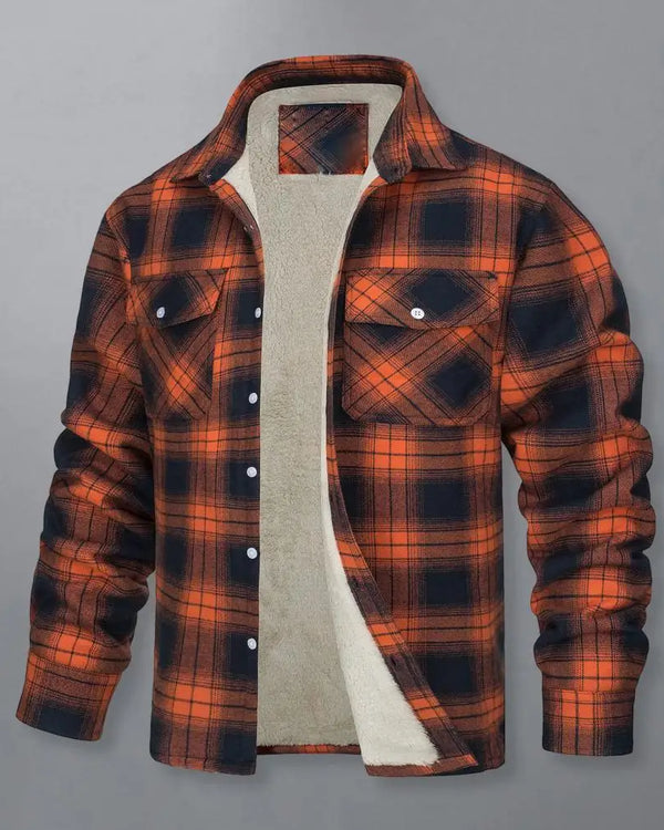 Men's fleece jacket with lamb fleece lining, zippered buffalo plaid flannel jacket, casual long sleeved warm autumn and winter j
