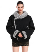 Women's Winter Padded Coat Black Faux Mink Fur Collar Asymmetrical Wrap-Front Thick Warm Waist-Slimming Puffer Jacket Women
