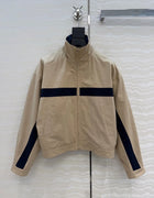 New Color Block Striped Khaki Zipper Stand Collar Short Trench Coat Women's Windbreaker Jacket