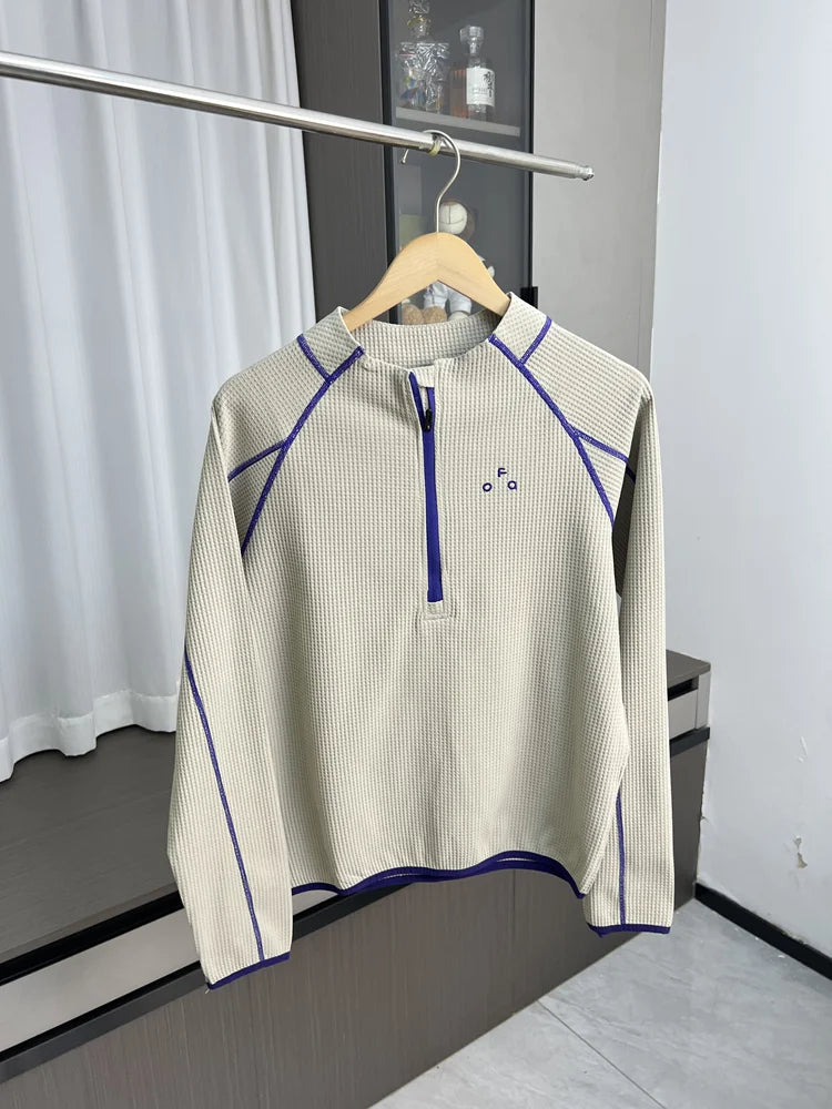 Casual Hoodie Sweatshirt Half Zipper Stand Collar Outdoor Unisex Autumn Wear Breathable Long Sleeve Youth Fashion Plaid Pattern