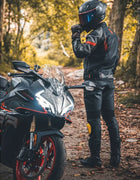 Men's 4 Seasons CE-Certified Waterproof PU Leather Motorcycle Jacket with Armor Protector Matching Riding Pants All-Weather Gear