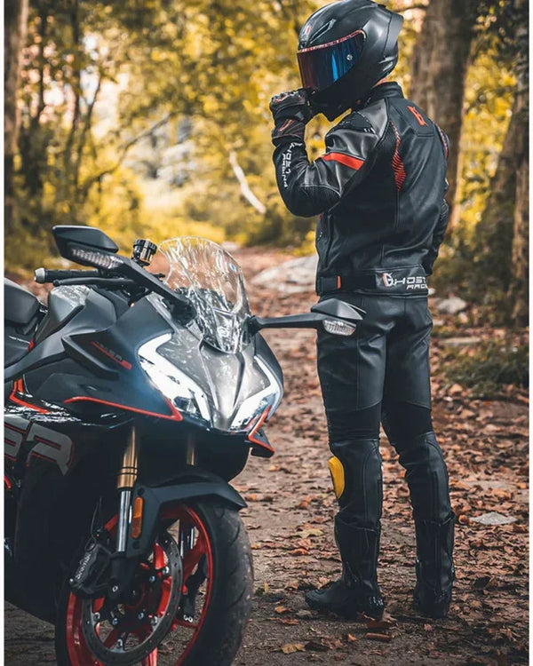 Men's 4 Seasons CE-Certified Waterproof PU Leather Motorcycle Jacket with Armor Protector Matching Riding Pants All-Weather Gear