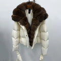High quality winter new women's fox fur collar hooded down jacket y2k fashionable casual thick warm goose down coat warm gloves